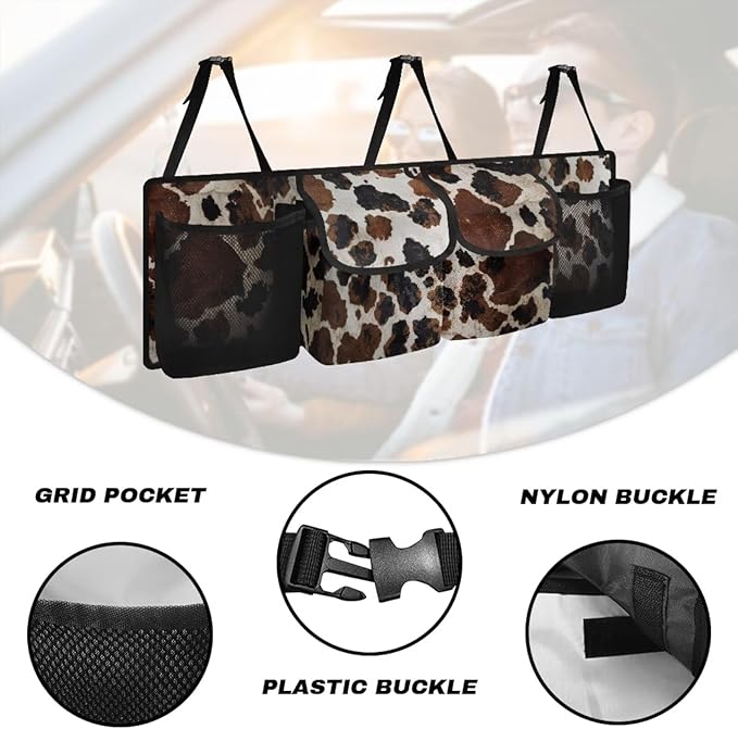 Brown Cow Print Car Trunk Organizer with 4 Pockets, Lightweight Car Storage Organizer Oxford Cloth (37.01"*11.8") Portable Car Storage Bag, Hanging Car Organizer for SUV/MPV/Truck/Van/Sedan