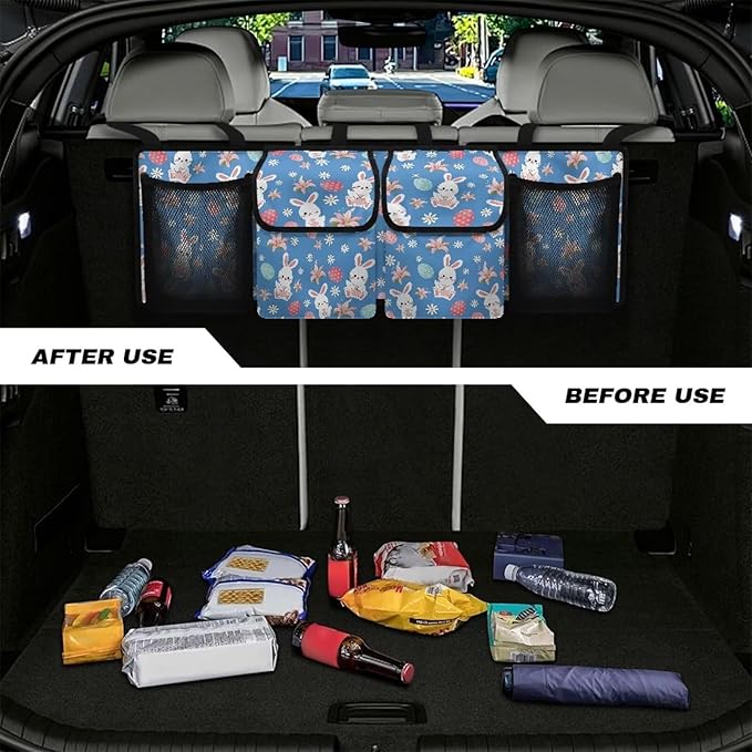 Easter Bunny＆Color Eggs Car Trunk Organizer Waterproof Auto Hanging Seat Back Storage for SUVs, Vans, Cars,Car Accessories for Easter