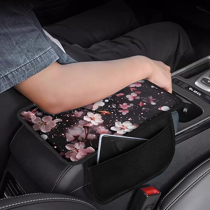 Dreaweet Center Console Cover Pink Cherry Blossom Car Accessories for Women Interior Cute Armrest Cover Cushion with Side Pockets,Soft Washable Car Arm Rest Cover Pad for Truck SUV