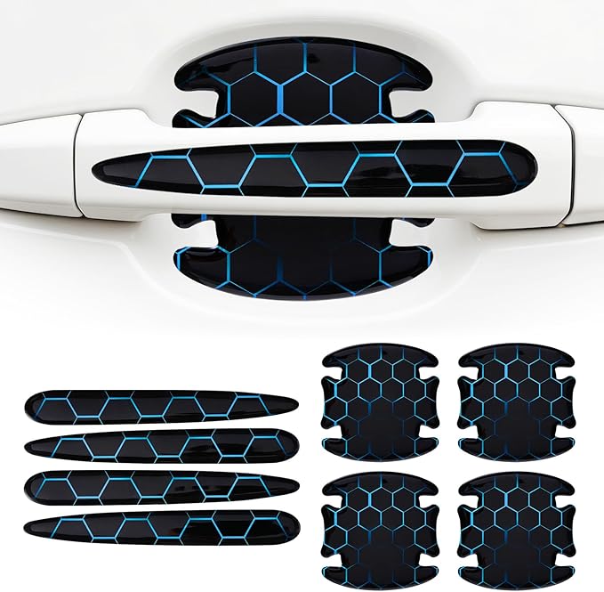 8 Pcs Car Door Handle Sticker, 3D Honeycomb Pattern Car Door Cup Protector, Universal Anti Scratches Auto Doors Handle Protective Film (Black Blue)