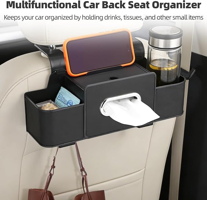 Multifunctional Car Back Seat Organizer, Cup Holders, Headrest Storage, High-Capacity Tissue Box, Quality PU Leather Seat Back Protector, Black, 12.8 x 3.3 x 4.5 in