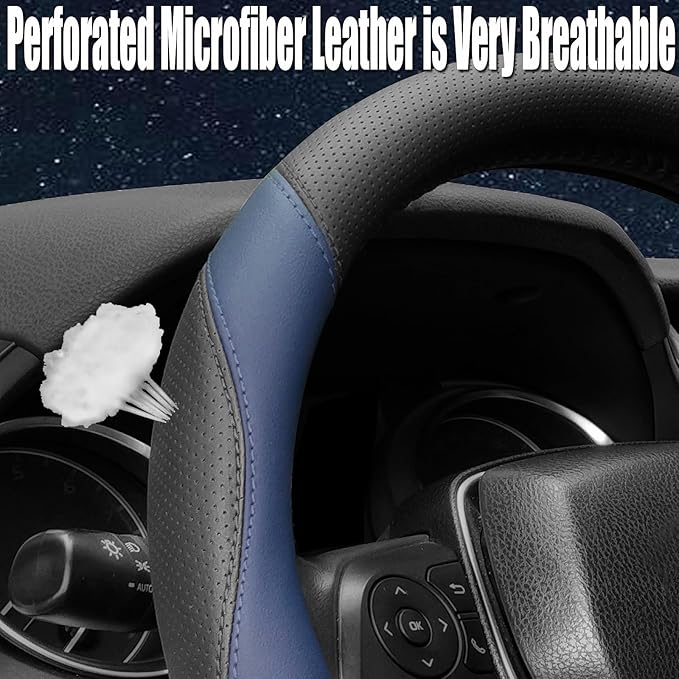 Mihecor Steering Wheel Cover Standard Size 14.5-15 inch, Breathable Microfiber Leather, Anti-Slip, Soft Grip, Fits Most Cars, SUVs, and Trucks, Black and Blue