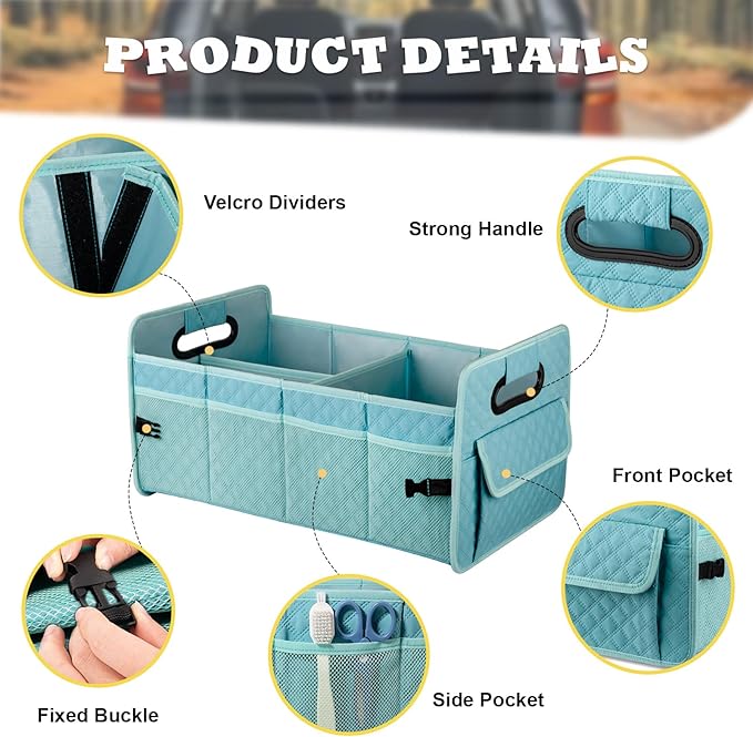 JiatuA Car Trunk Organizers and Storage for SUV, Collapsible Multi Compartment Container Box Adjustable Car Accessories for Women Men, Lake Blue
