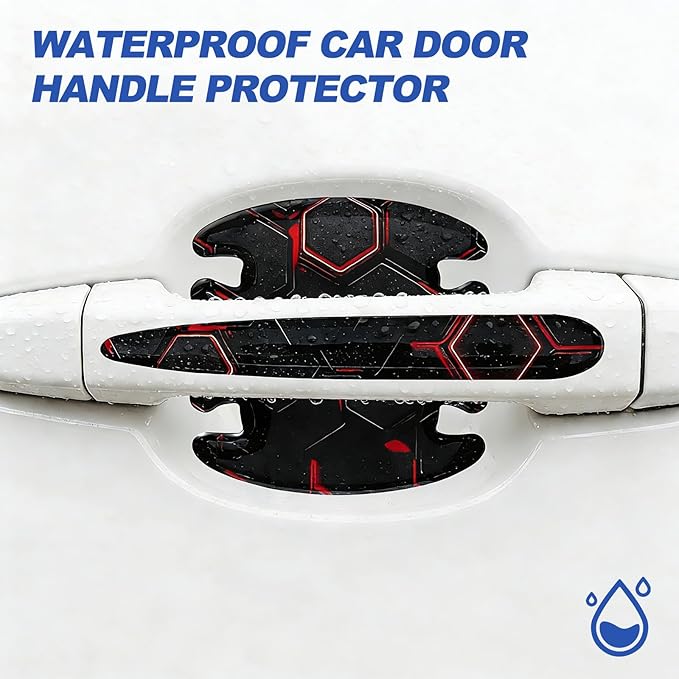 8 Pcs Car Door Handle Sticker, 3D Honeycomb Pattern Car Door Cup Protector, Universal Anti Scratches Auto Doors Handle Protective Film (Black Red)