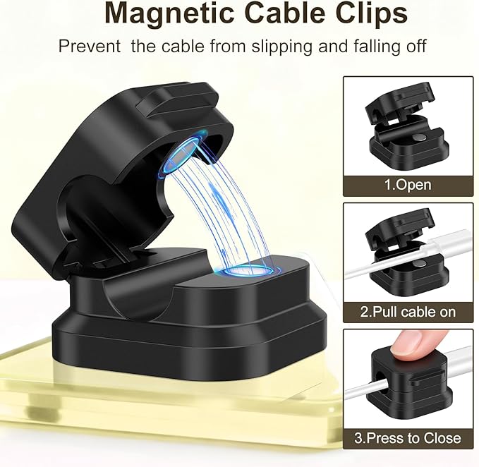 10 Pack Magnetic Cable Clips, Cord Organizer Holder with Strong Adhesive, Desk Cable Management for Home Office Car Desktop Nightstand, Adjustable Wire Keeper (Black)