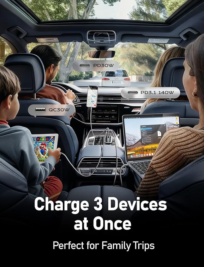 LISEN 170W Car Charger USB C Fast Charge Fast Car Charger, GaN Chip PD3.1 140W+PD30W/QC30W Cigarette Lighter USB Charger Adapter for iPhone17/16, MacBook Pro/Air, Laptop, Samsung S25/S24