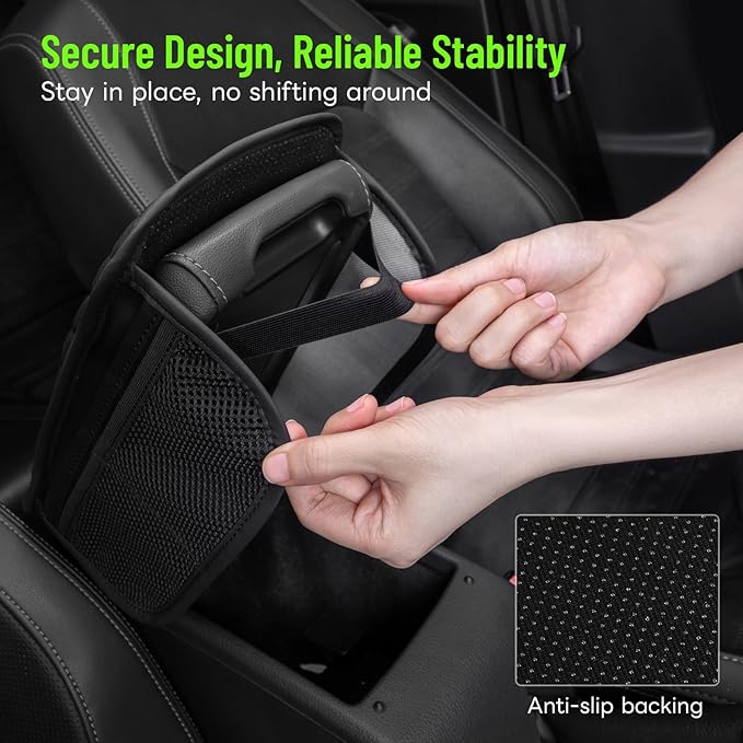 ADDSOM Car Center Console Cover with 6 Storage Pockets, Leather Car Arm Rest Cover Thickened Cushion, Universal Vehicle Armrest Pad Interior Protector, Black
