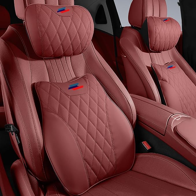 Anti-Stain Nappa Leather Car Neck Pillow for BMW New X3 X5 X2 X4 X1 X6 X7 2 3 4 5 7 Series Headrest Neck Pillow, Soft Memory Foam Headrest with Lumbar Support Accessories(Tacora Red-bm-2 pcs)