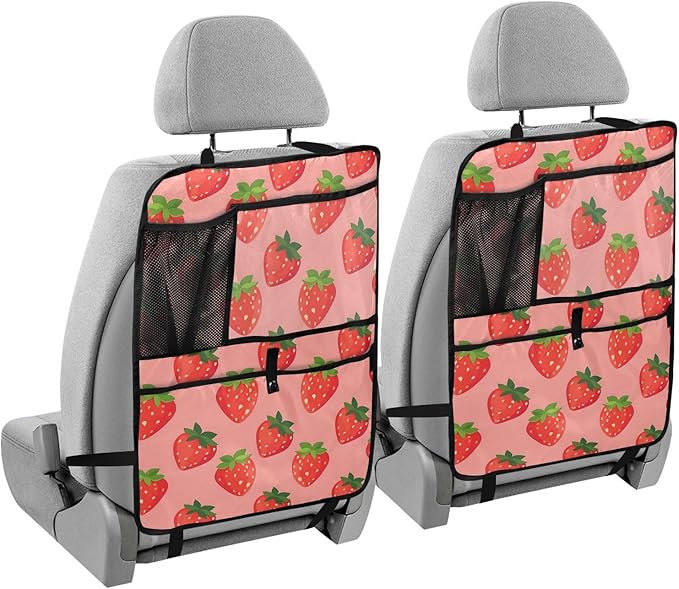 JIPONI Car Backseat Organizer, Strawberrys Pink Automotive Back Seat Protector, Kick Mats with Storage Pockets for Kids Pets, Road Trip Accessories