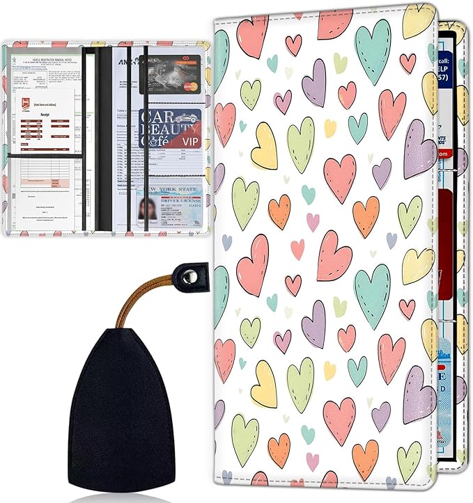 Car Registration and Insurance Card Holder for Women Men, Waterproof PU Leather Glove Box Car Organizer with Magnetic Shut, Vehicle Document Holder for Driver License,Cards, Colorful Love Peach
