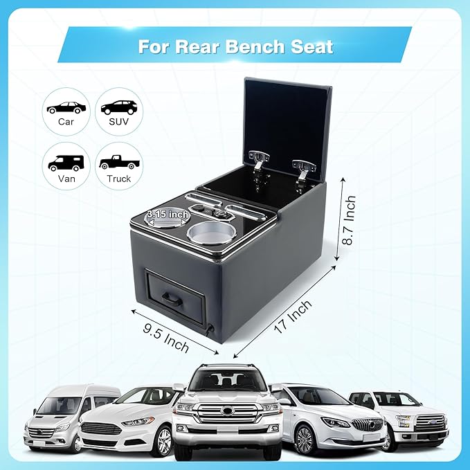 Center Console, Universal Bench Seat Center Console with Fast Phone Charging， Back Seat Car Organizer, Automotive Center Console with Cup Holder & Phone Holder (Gray)