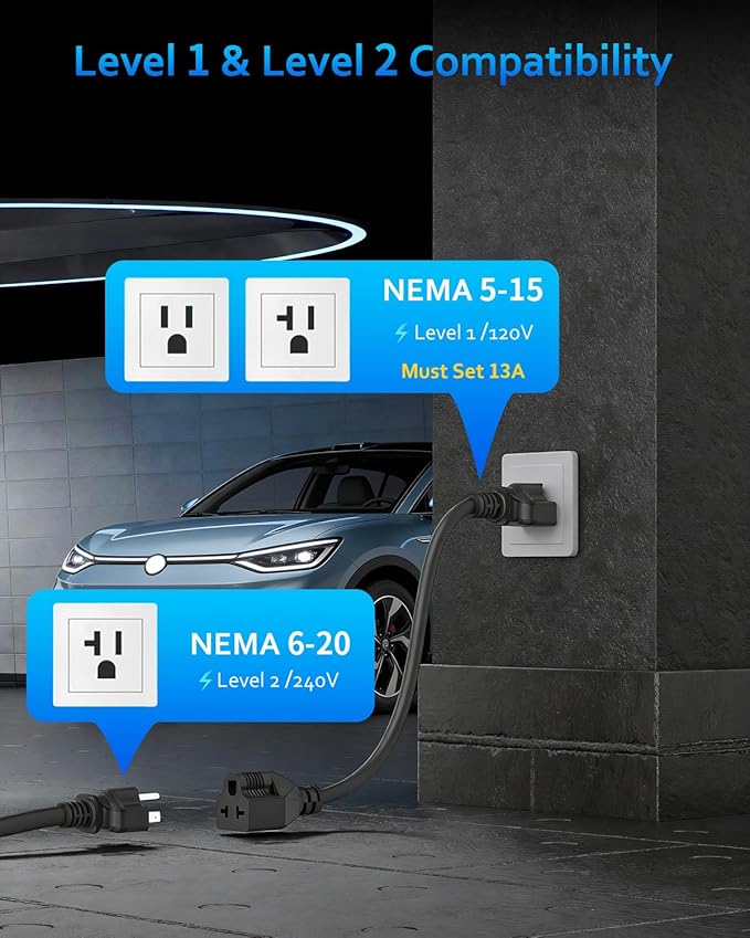 Level 2 & Level 1 EV Charger for Tesla Mobile Charging, 16A ETL Certified 110/240V EV Car Charger with 25ft Extension Cords, NACS Connector, NEMA 6-20 Plug to NEMA 5-15 Adapter for Tesla Model Y/3/S/X