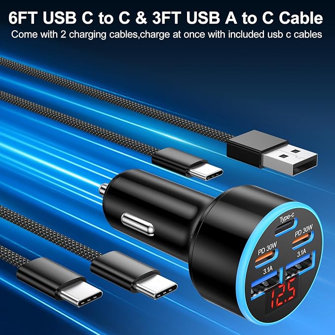 [5 in 1] USB C Car Charger, 5-Port 90W Fast Charging Cigarette Lighter Adapter with USBC Cable,Dual 30W USBC & USB-A Multiport Car Phone Charger with Voltmeter for iPhone 17/16/15 Pro Max,iPad,Galaxy