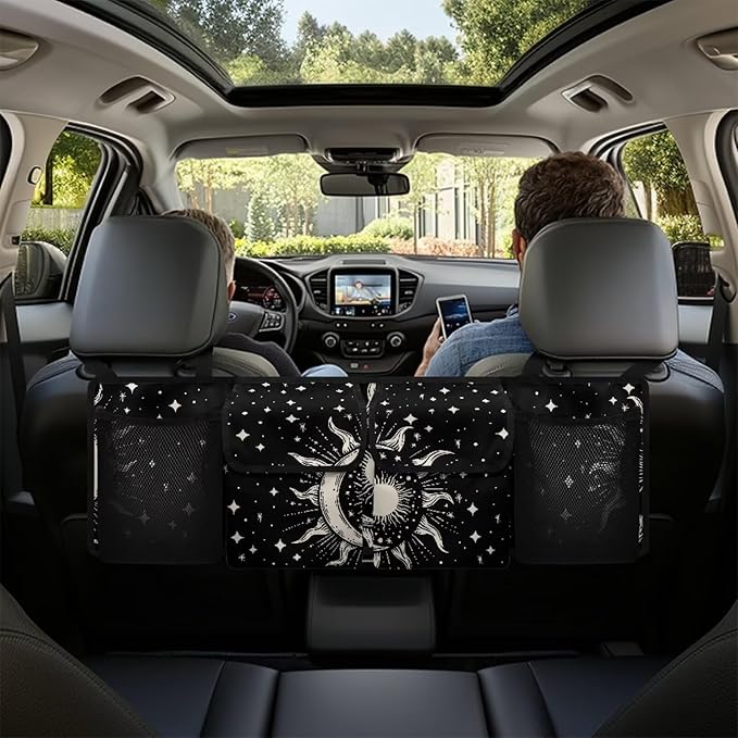 Sun and Moon Car Trunk Organizer, Auto Backseat Hanging Organizer,Equipped with Robust Elastic Net, Car Trunk Tidy Storage Bag with Lids,Space Saving Expert