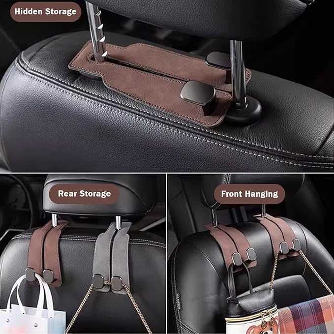 ZWYYTHC 2 Pack Car Seat Back Storage Hook, Headrest Hooks for Car with Metal Hooks, Premium Suede Leather Car Headrest Hooks Universal Car Seat Hooks for Purses, Bags & Groceries(Black)