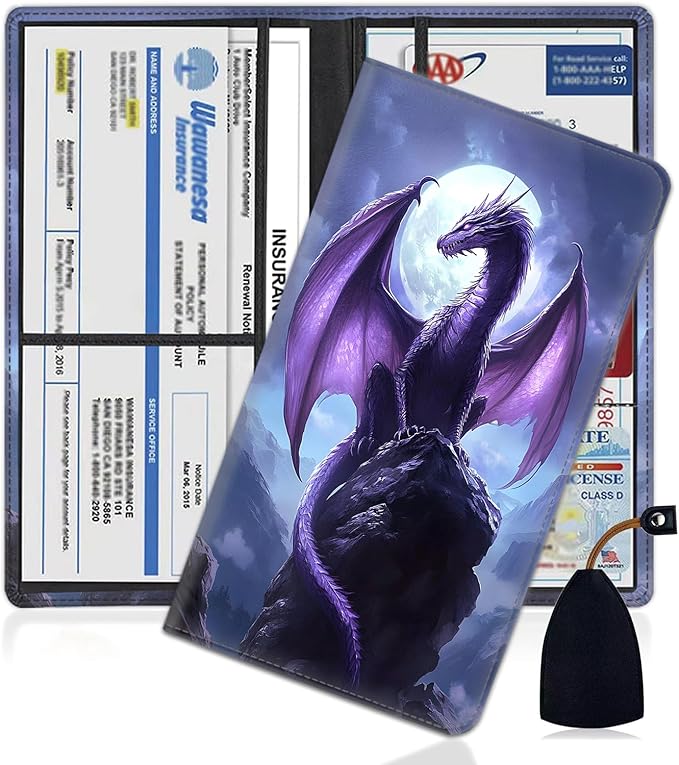 Car Document Holder with Magnetic Shut, Car Registration and Insurance Card Holder, Vehicle Glove Box Organizer Documents, Driver License, Auto Paperwork Organizer Wallet, Purple Dragon Moonlight