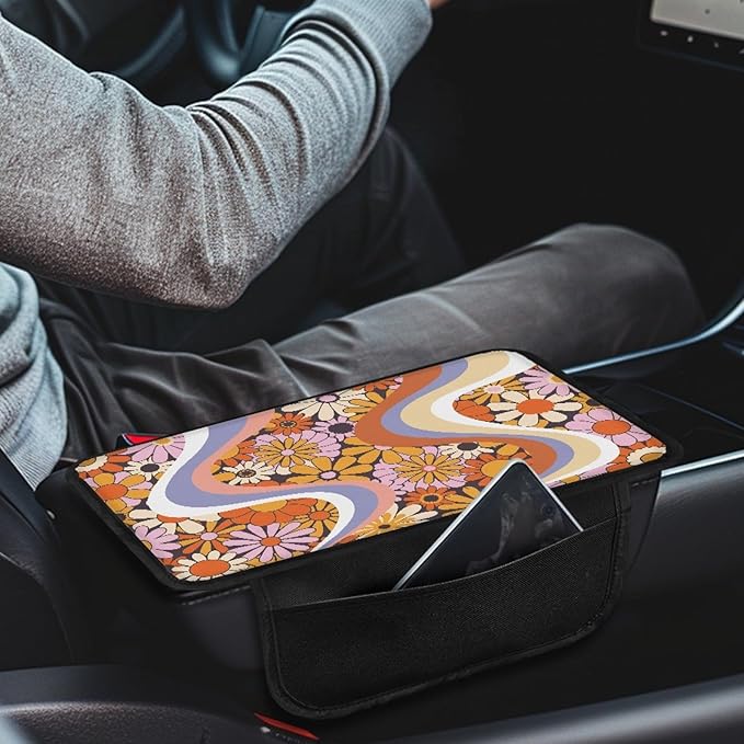 CLOHOMIN Hippie Flower Car Arm Rest Cover Pad Universal Fit Most Vehicles Floral Car Center Console Armrest Storage Box Cover Auto Interior Accessories with Storage Pockets