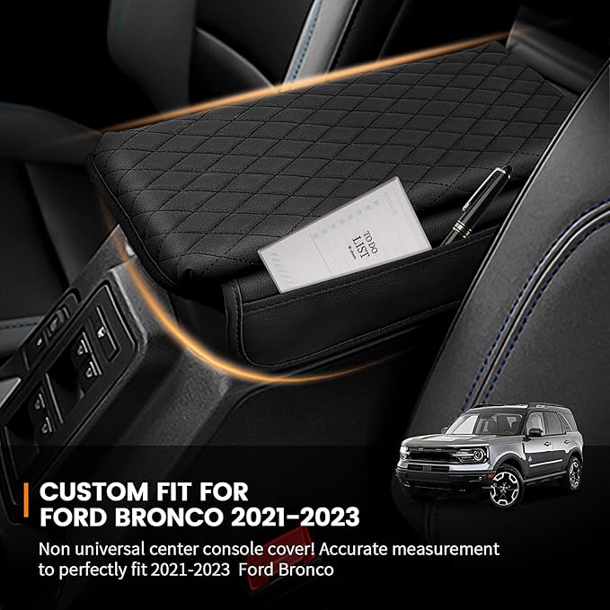Custom Fit for Center Console Cover Ford Bronco 2021 2022 2023 2024 2025 2/4-Door Armrest Cover Center Console Pad Interior Accessories with Pockets Storage Bag Black