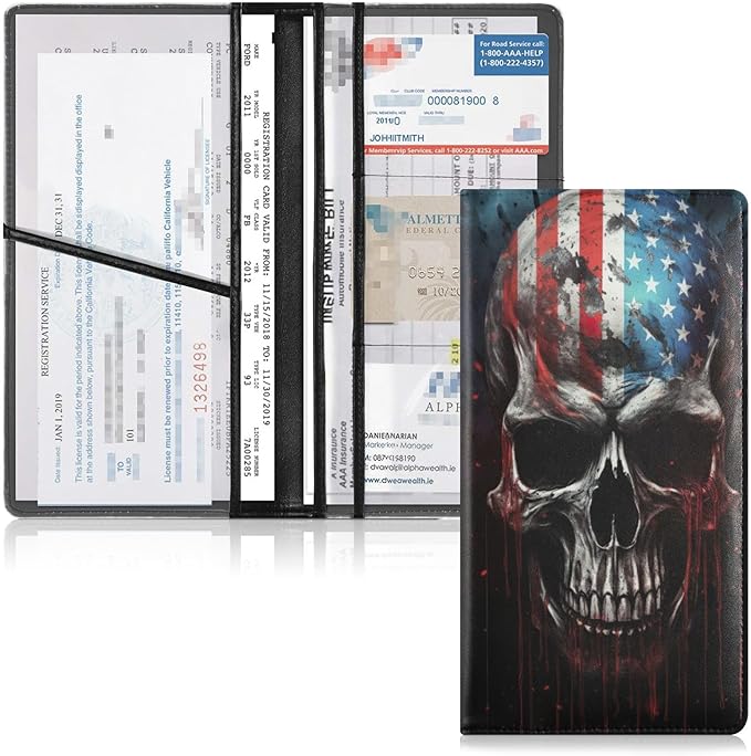 American Flag Skull 4th Of July Car Registration and Insurance Holder Vehicle Glove Box Organizer Car Accessories Wallet Case for Women Men 202a4876