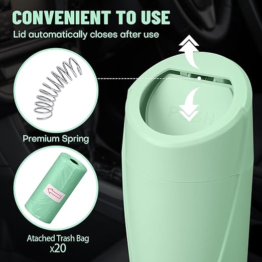 SGLRT Car Trash Can Bin with Lid - Car Garbage Can Cup Holder - Green Mini Leakproof Vehicle Trash Garbage Can Bin with 20pcs Trash Bags-Car Organizers and Storage for Front Back Seat Accessories