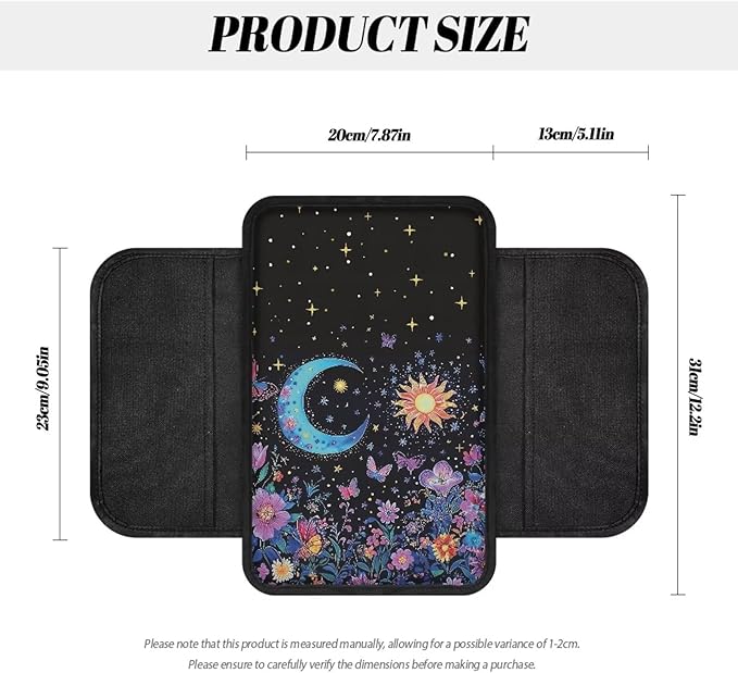 Dreaweet Car Center Console Cover Sun and Moon Floral Car Accessories for Women Girly,Car Armrest Cover with Storage Pockets Universal Arm Rest Center Console Cushion Pad Soft & Comfy