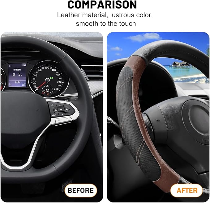 Car Steering Wheel Cover, 14.5-15" Non-Slip Leather Sporty Vehicle Steering Wheel Protector, Breathable Auto Interior Decoration Accessories, Universal for Van Truck Sedan (Orange)