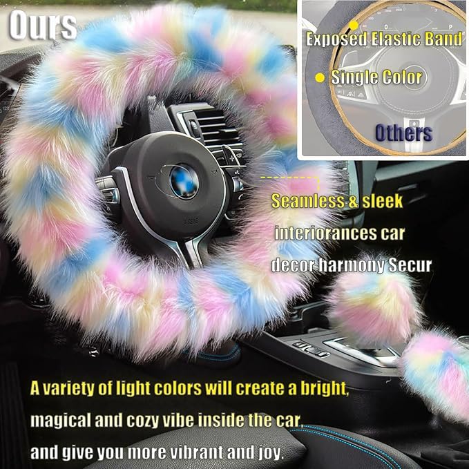 Rainbow Colorful Fluffy Steering Wheel Cover, Girly Long Fuzzy Furry Wool Sheepskin Fur Car Wheel Protector with Light Pink Soft Warm Handbrake Cover Gear Shift Cover for Women/Girl/Ladies 14.5-15"