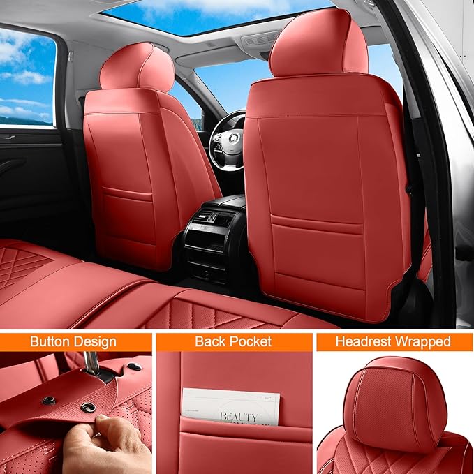 GEZHOUBA Red Car Seat Covers Full Set, Luxury Faux Leather Red Seat Covers for Cars Front and Back Seats Protector, Waterproof Full Wrapped Covers Universal Fit for Most Cars Sedans SUVs