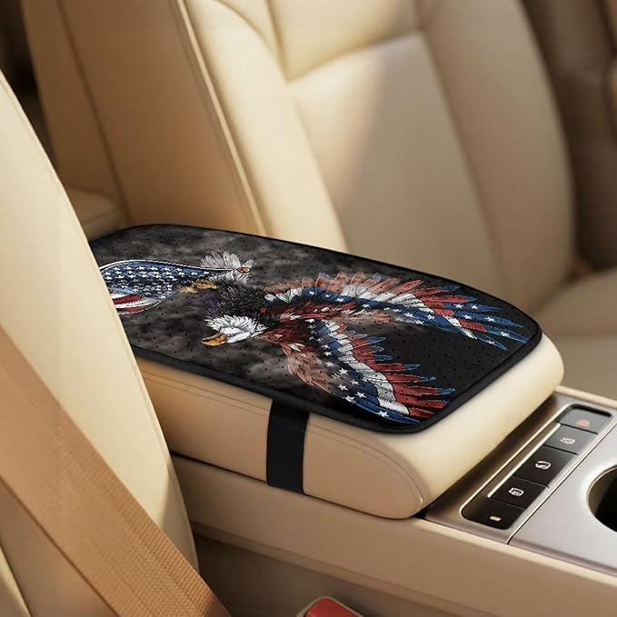 Qeluxign PU Leather Car Seat Covers Set - Includes 2 Seat Protectors, 2 Shoulder Pad Covers, 1 Armrest Cover for Car Decoration,American Flag Bald Eagle