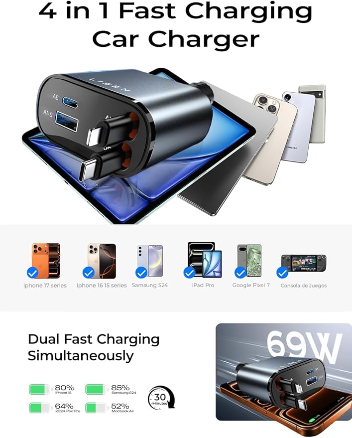 LISEN Longest 4 in 1 Retractable Car Charger 69W Retractable Car Charger for iPhone 17, Car Charge for iPhone 17 Pro Max 16 15 14 13 iPad, Prime for Day Deals, Uber Signs for Car