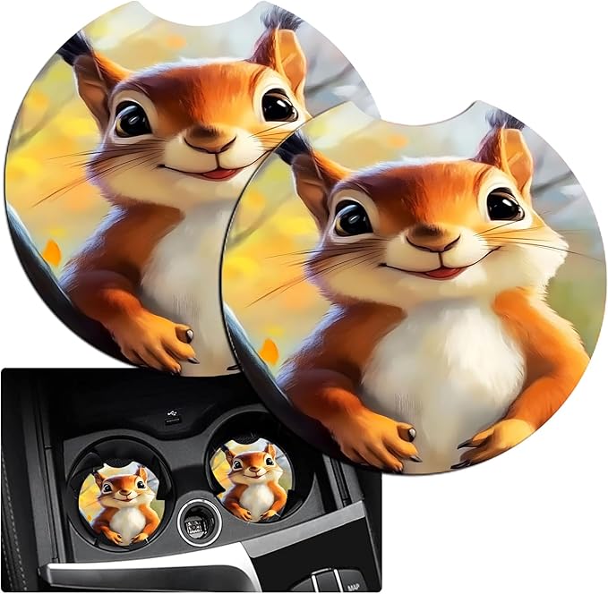 JANENFNA Car Armrest Cover Pads Universal Fashion Cute Auto Center Console Armrest Cover Pad with 2PCS Car Coasters Soft Waterproof Car Armrest Seat Protector for Women,Cute Squirrel