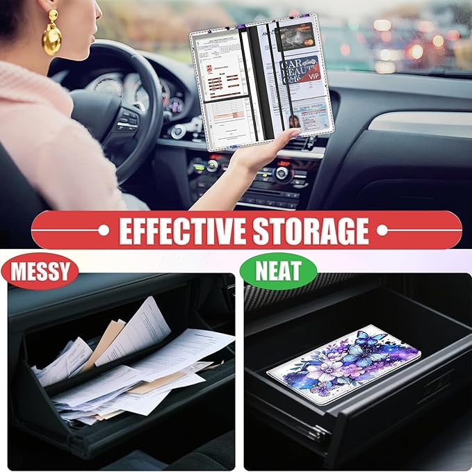 Car Registration Holder, Waterproof PU Leather Vehicle Card Document Glove Box Organizer, Women Interior Auto Accessories Case for Cards, Driver License Car Insurance Holder, Butterfly Pattern