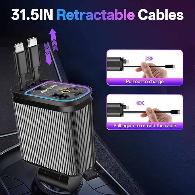 Retractable Car Charger, 4 in 1 Fast Charging Car Charger USB-C & USB-A Compatible with iPhone 16/15/14/13/12/11,Galaxy,Pixel