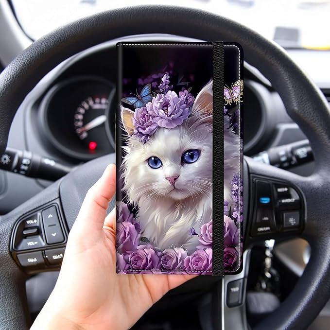 Tudguiloae Car Registration and Insurance Card Holder, Trunk Document Holder Organizer, Essential Vehicle Glove Box Organizer Leather Wallet for Driver, Flower Bed with Cute White Cat