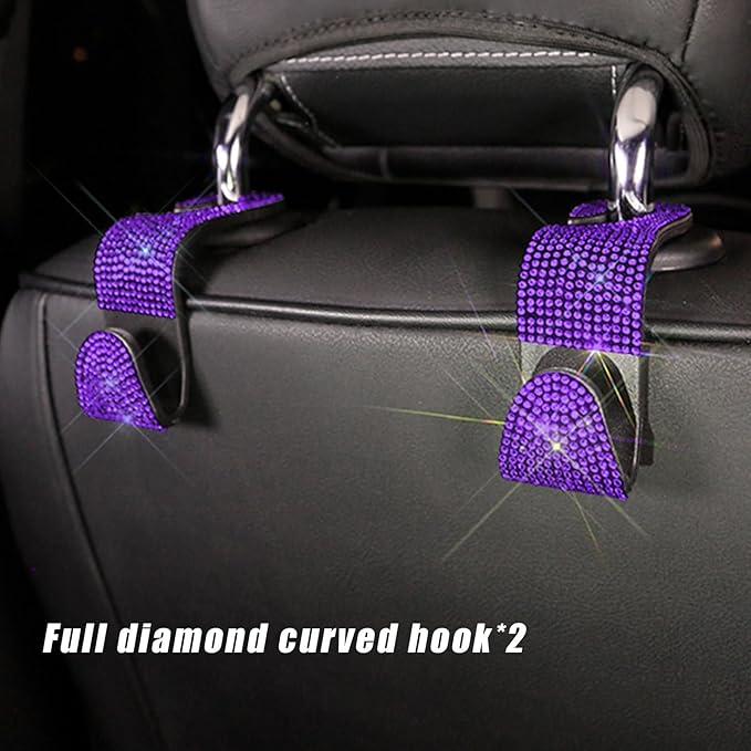 2PCS Bling Car Seat Headrest Hooks, Auto Back Seat Hanging Storage Organizer for Purse Handbag Coat, Rhinestone Vehicle Seat Hanger Holder for Women Girls, Car Accessories (Purple)
