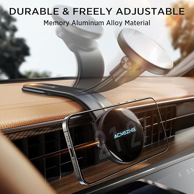 ACMEZING Only for iPhone 15W MagSafe Car Mount Charger, 360% Adjustable Aluminum Alloy Arm, Relocatable Car Phone Holder, Magnetic Wireless Fast Charging, Cell Phone Holder for All Car Models, Black