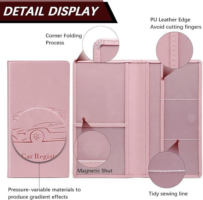 Peisicne Car Registration and Insurance Card Holder for Women Men, Pink Glove Box Paperwork Organizer with Magnetic Buckle for Easy Access and Protect Documents and Various Cards in Vehicle