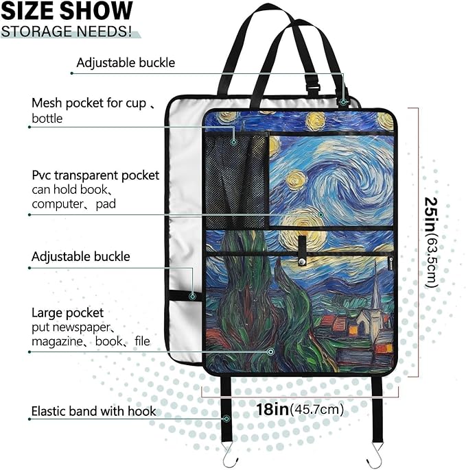 JIPONI Car Backseat Organizer, Van‘Gogh Starry Art Automotive Back Seat Protector, Kick Mats with Storage Pockets for Kids Pets, Road Trip Accessories (2 Pack)