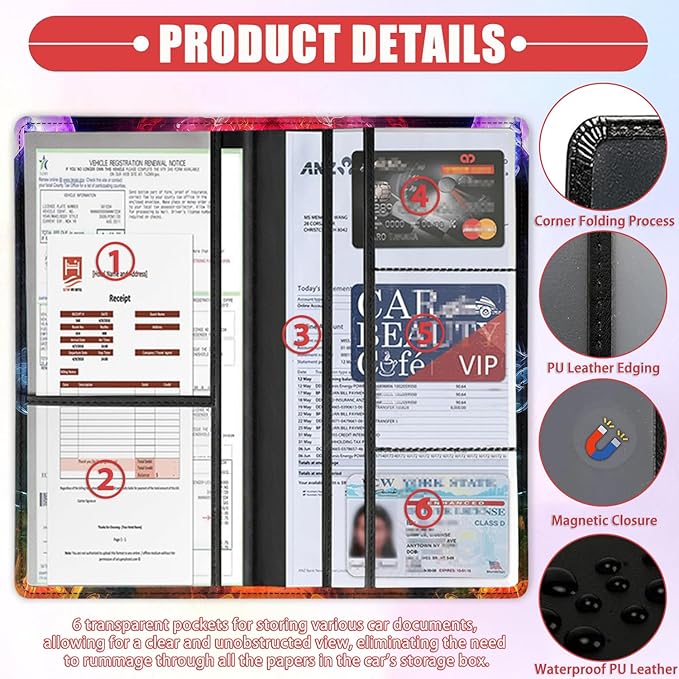 Car Registration and Insurance Card Holder for Women Men, Waterproof PU Leather Glove Box Car Organizer with Magnetic Shut, Vehicle Document Holder for Driver License,Cards, Colored Smoke