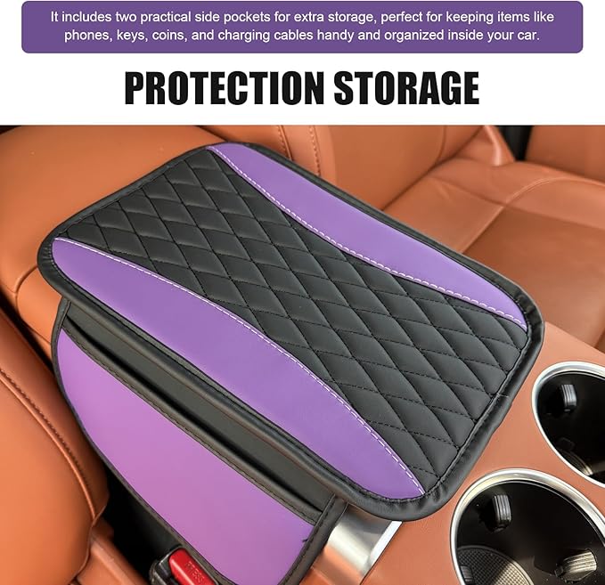 Car Center Console Cover, Upgraded Patchwork Leather Arm Rest Cover with Side Storage Pockets, Comfortable Auto Armrest Protector Cushion, Universal Middle Console Pad for SUV, Sedan (Purple)