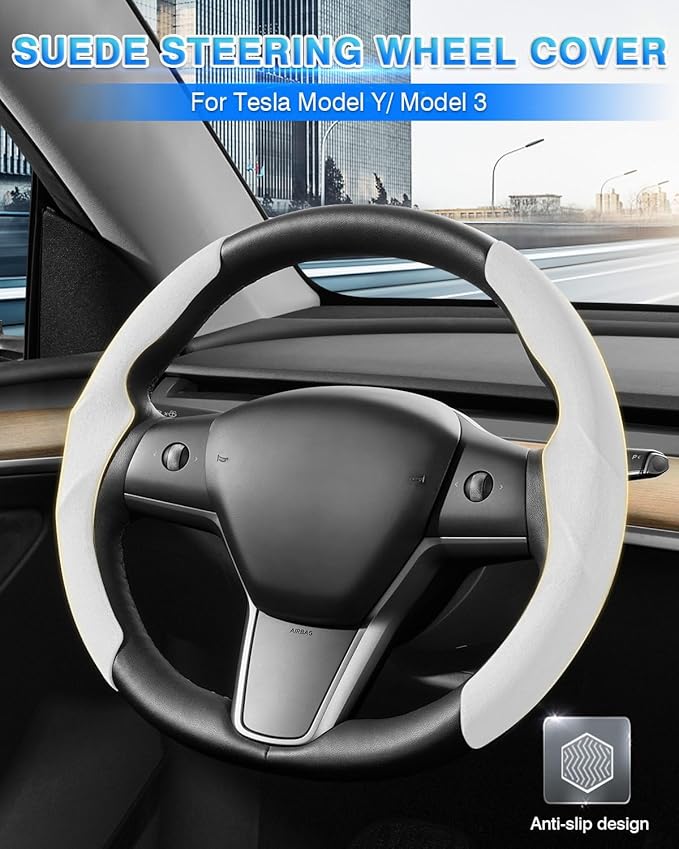 Shademax Custom-Fit for Tesla Steering Wheel Cover, Tesla Model Y / 3 2017-2025 (Fit Model Y Juniper 2026/ Model 3 Highland) Suede Steering Wheel Cover Non-Slip Tesla Model Y/3 Accessories (White)