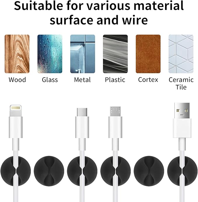 tifanso 6PCS Cable Clips Black - Adhesive Cord Cable Clips Holder Wire Organizer for Desk, Wire Holders for Cords, Nightstand, Home and Office