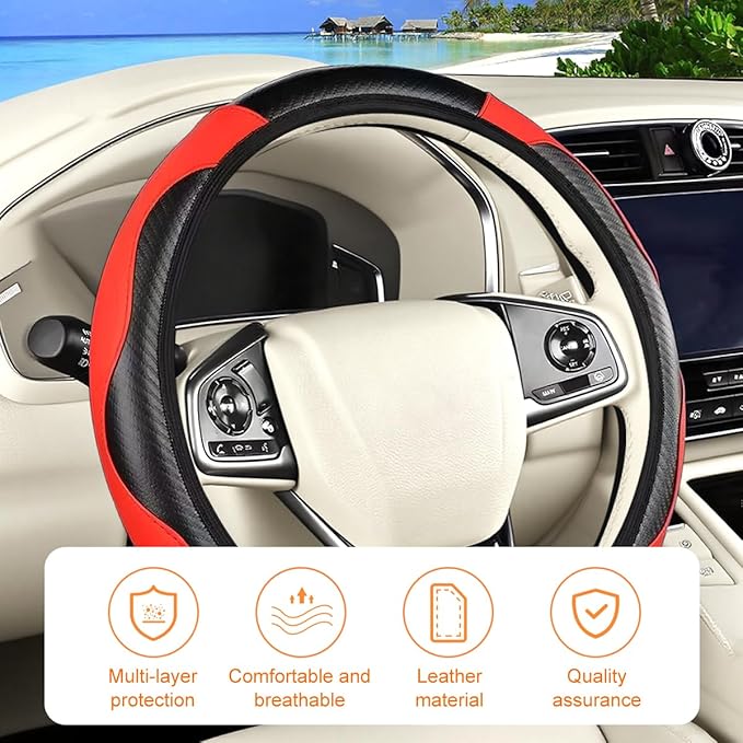 Carbon Fiber Car Steering Wheel Cover, 14.5-15 Inch Elastic Stretch Steering Wheel Guard, Sports Style Non-Slip Automotive Interior Accessories, Universal for Vehicles (Black/Red)