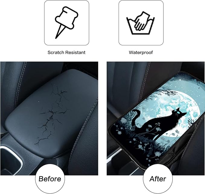 JANENFNA Car Armrest Cover Pads Universal Fashion Cute Auto Center Console Armrest Cover Pad with 2PCS Car Coasters Soft Waterproof Car Armrest Seat Protector for Women,Moon Garden Cat