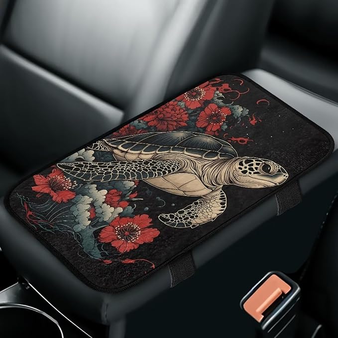 Bulopur Turtle Flower Arm Rest Cover Car Flannel Easy to Install Car Console Covers Vehicle Armrest Cover Vehicle Accessories 12.01 x 7.28 Inch Fit for Most Cars, Vehicles, SUVs