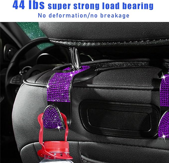 2 PCS Bling Car Seat Headrest Hooks, Crystal Rhinestone Back Seat Hanging Storage Organizer, Vehicle Seat Hanger Holder for Purse Handbag Coat, Interior Car Accessories (Purple)