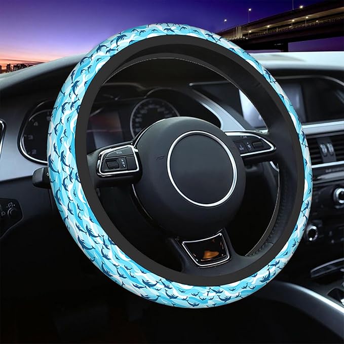 Swono Swimming Dolphin Steering Wheel Cover Cartoon Swimming Dolphin On Sea Wave Blue Background Universal 15 Inch Auto Car Steering Wheel Covers SUV Anti Slip Wheel Wrap Protector for Men Women