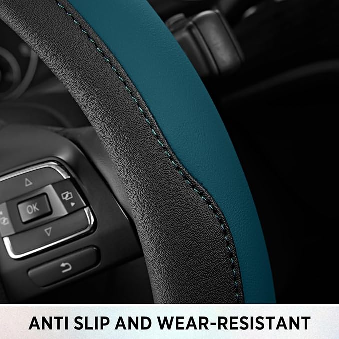 Road Comforts Steering Wheel Cover, Breathable Anti-Slip Leather Steering Wheel Cover, Universal Fit 14.5–15 Inch, Comfortable Grip - Blue Color