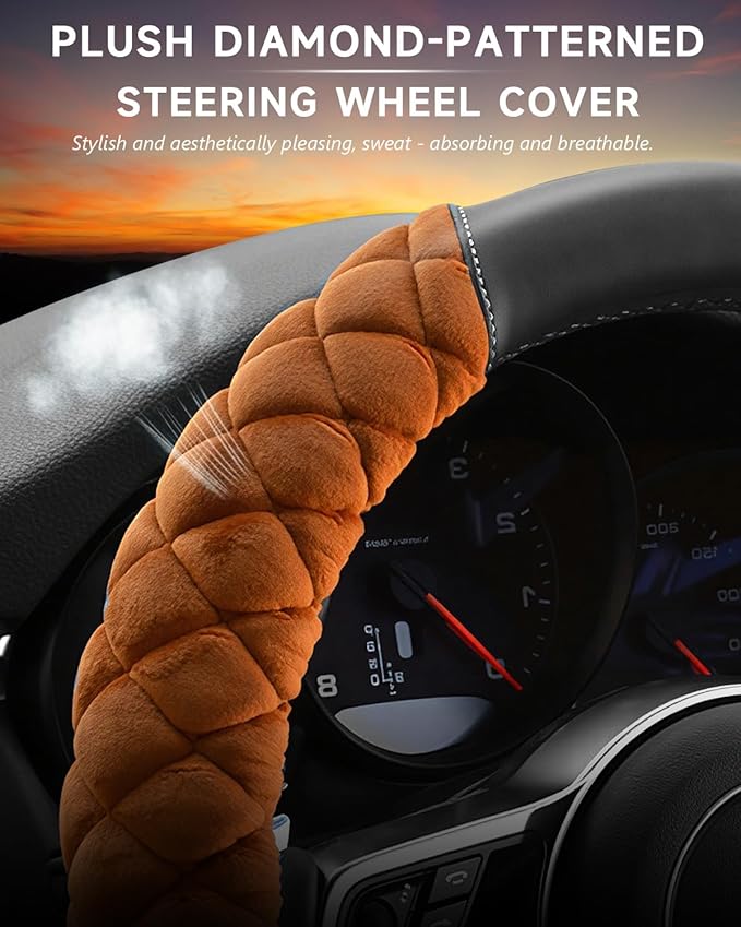 Cxtiy Universal Car Steering Wheel Cover Fluffy Winter Plush Steering Wheel Cover (A-Brown)