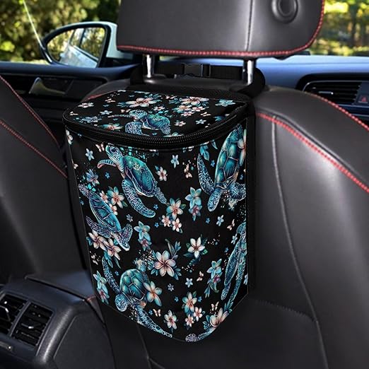 Sea Turtle Car Trash Bags Hanging Automotive Car Garbage Cans for Front Seat Tropical Flower Multipurpose Car Garbage Bin with Adjustable Straps Reusable Auto Trash Bin Garbage Bags